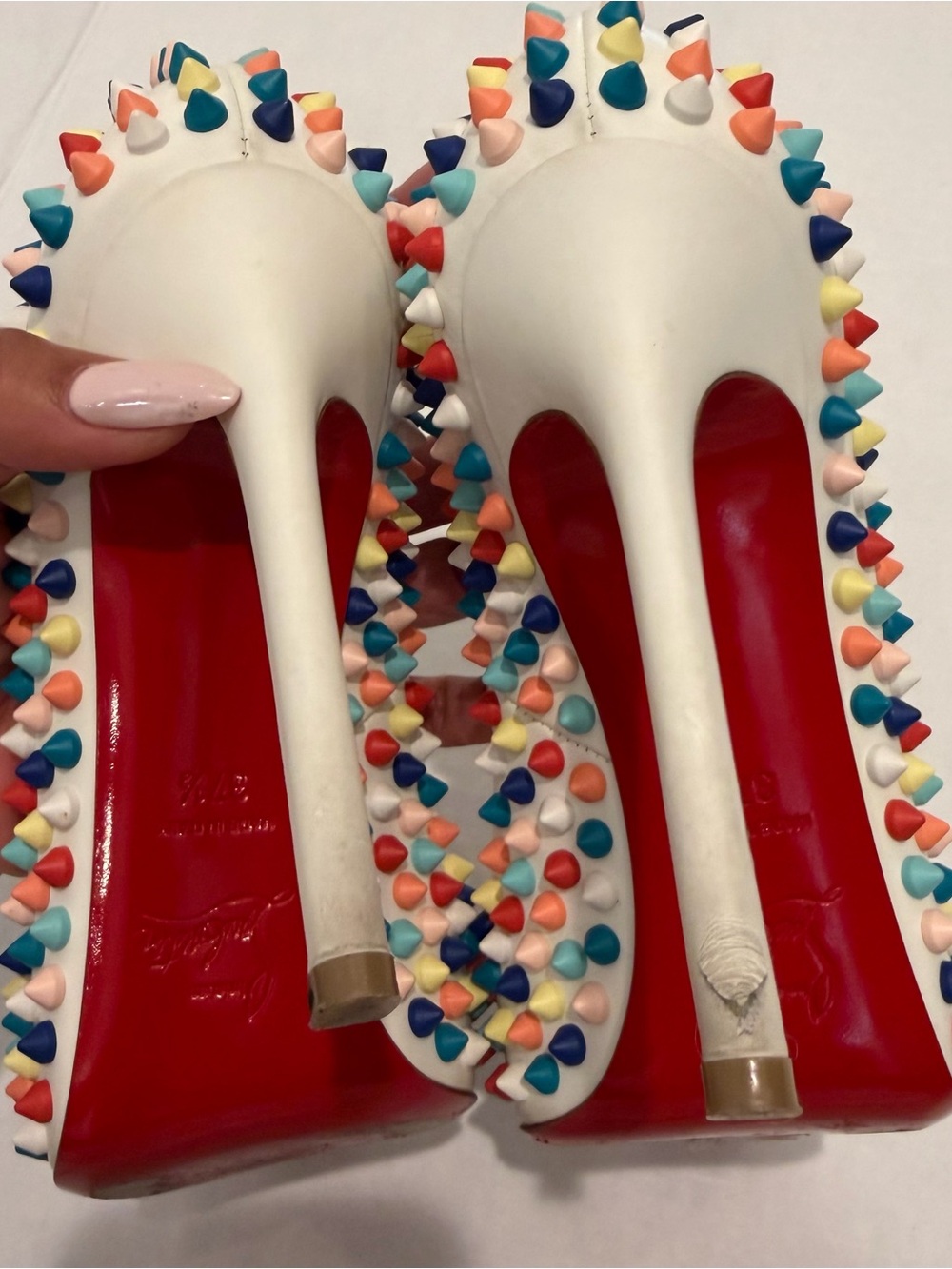 Christian Louboutin White Pigelle Spiked Peep Toe studded heels - Picture 3 of 8